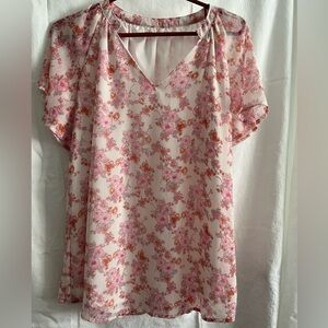 Dokotoo Women’s Casual Boho Floral Print V Neck Ruffled Short Sleeve Blouse (L)